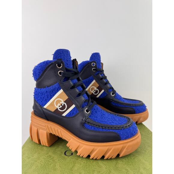 GUCCI Blue Tan Cast Wool Quebeck Calfskin Chunky Heel Boots Lace Up Size 36.5 - Picture 1 of 12